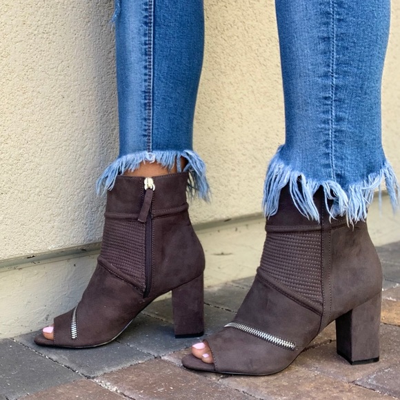 Gray Zipper Detail Peep Toe Sock Ankle Bootie - Picture 6 of 7